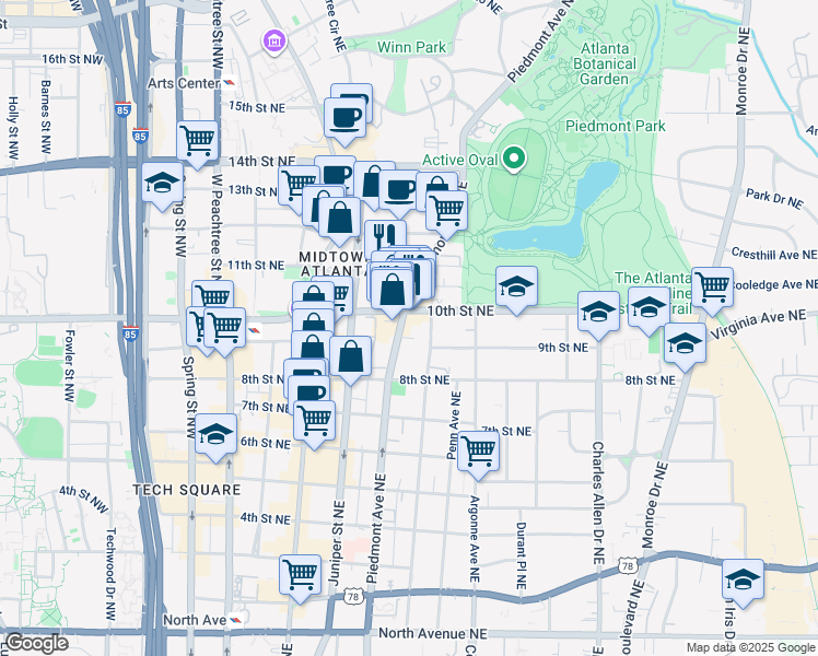 map of restaurants, bars, coffee shops, grocery stores, and more near in Atlanta