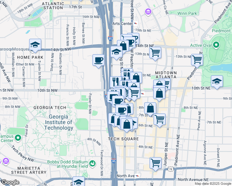 map of restaurants, bars, coffee shops, grocery stores, and more near in Atlanta