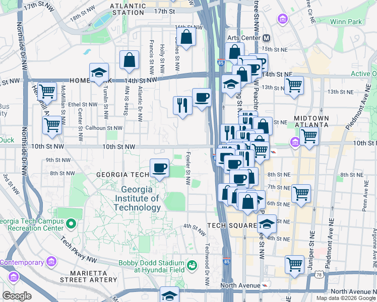 map of restaurants, bars, coffee shops, grocery stores, and more near 184 10th Street Northwest in Atlanta