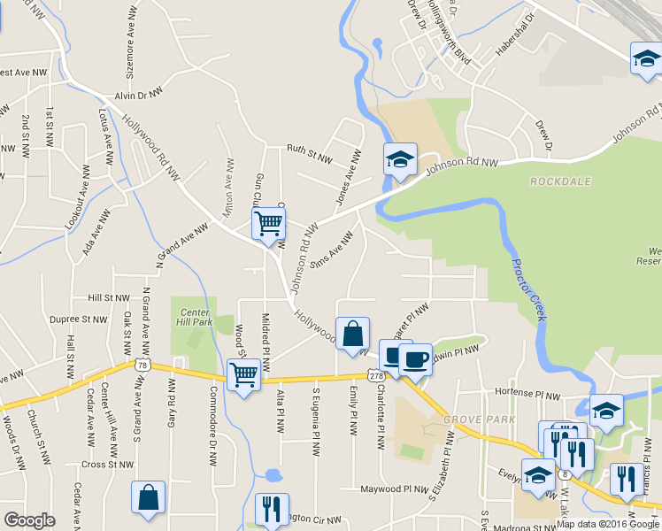 map of restaurants, bars, coffee shops, grocery stores, and more near 987 Sims Avenue Northwest in Atlanta
