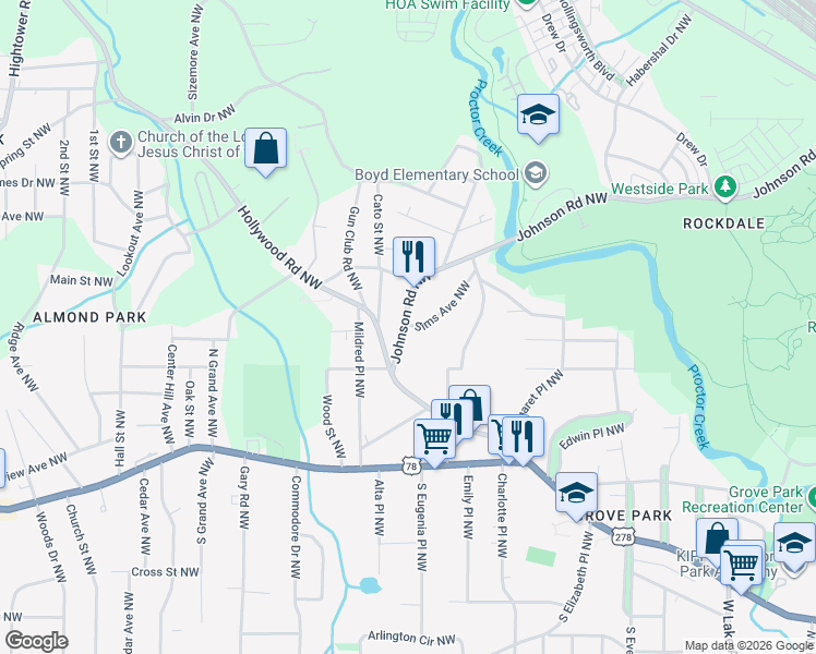 map of restaurants, bars, coffee shops, grocery stores, and more near 28 Johnson Road Northwest in Atlanta