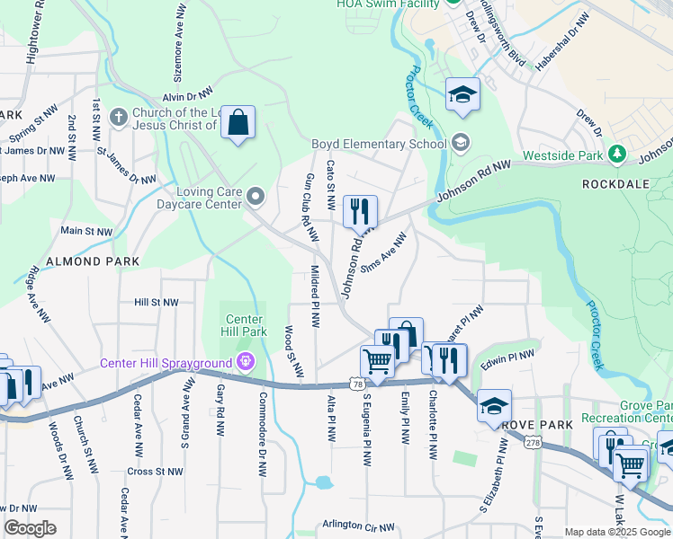 map of restaurants, bars, coffee shops, grocery stores, and more near 965 Cato Street Northwest in Atlanta