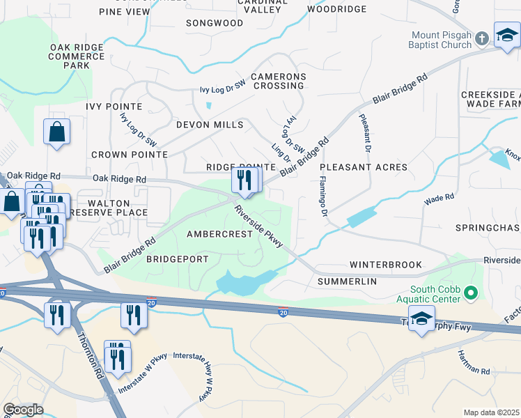 map of restaurants, bars, coffee shops, grocery stores, and more near 1151 Park Center Circle in Austell