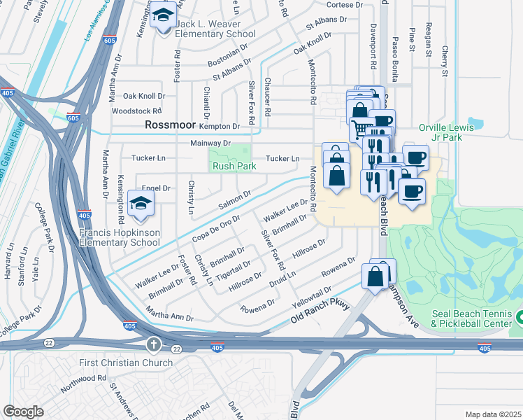 map of restaurants, bars, coffee shops, grocery stores, and more near 3092 Copa De Oro Drive in Los Alamitos