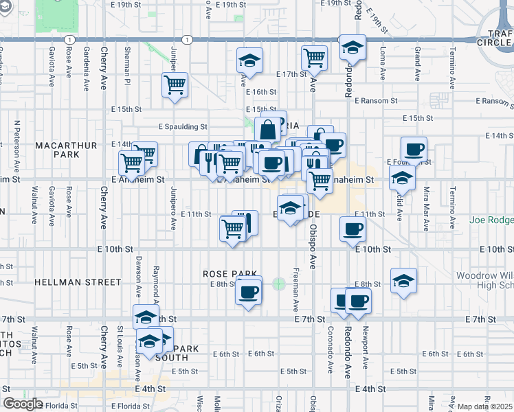 map of restaurants, bars, coffee shops, grocery stores, and more near 1121 Gladys Avenue in Long Beach