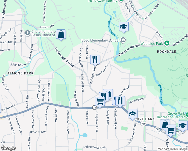 map of restaurants, bars, coffee shops, grocery stores, and more near 28 Johnson Road Northwest in Atlanta