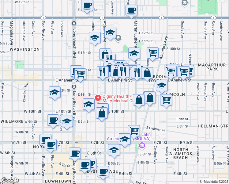 map of restaurants, bars, coffee shops, grocery stores, and more near 1122 Lime Avenue in Long Beach
