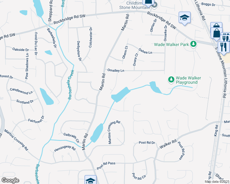 map of restaurants, bars, coffee shops, grocery stores, and more near 553 Waterview Lane in Stone Mountain