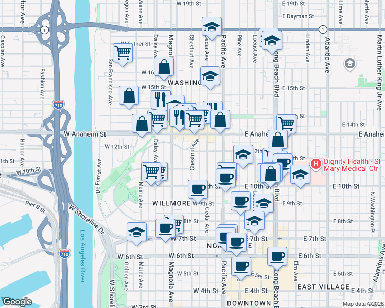 map of restaurants, bars, coffee shops, grocery stores, and more near 1154 Chestnut Avenue in Long Beach