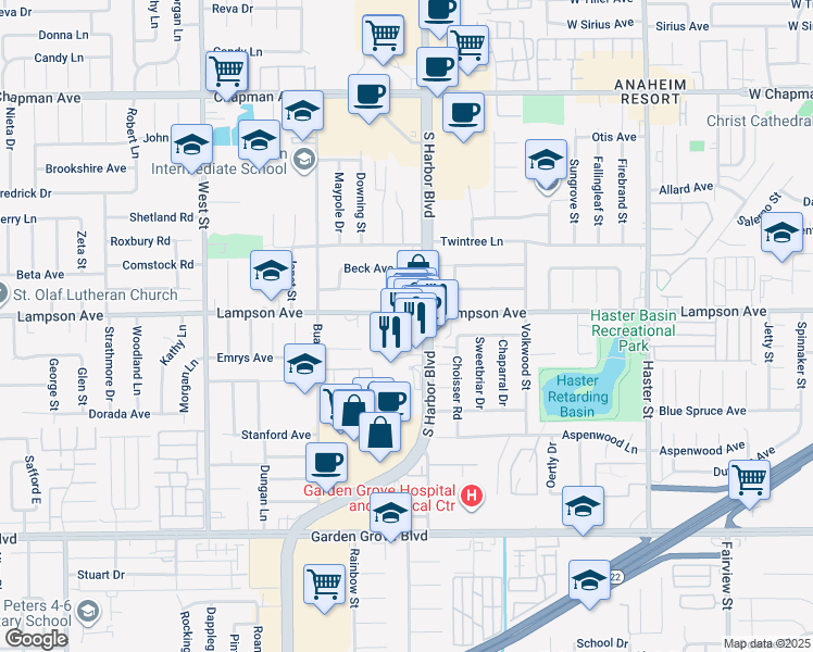 map of restaurants, bars, coffee shops, grocery stores, and more near 12432 Lampson Avenue in Garden Grove