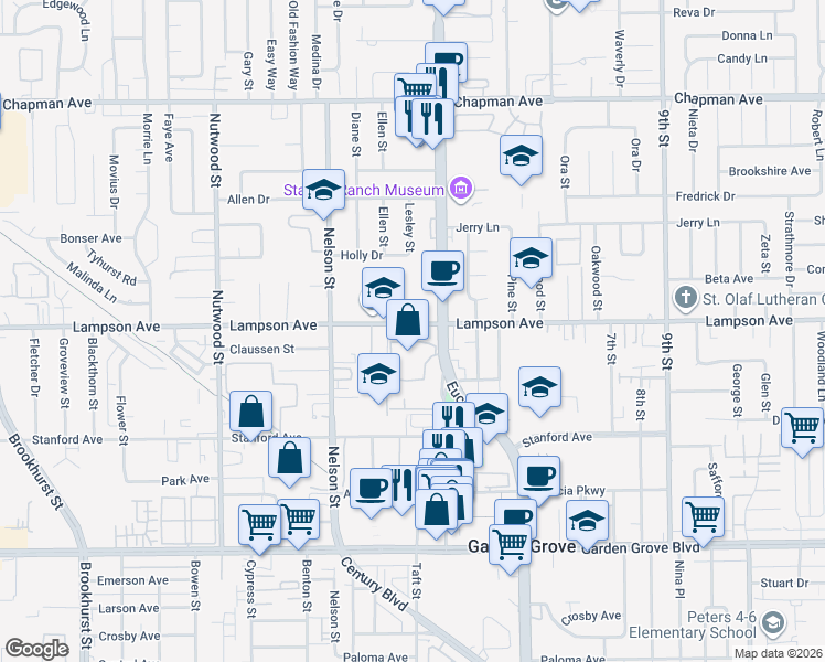 map of restaurants, bars, coffee shops, grocery stores, and more near 10902 Lampson Avenue in Garden Grove