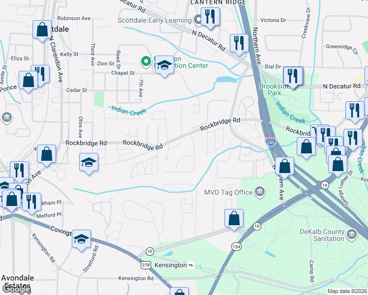 map of restaurants, bars, coffee shops, grocery stores, and more near 169 Forest Glen Circle in Avondale Estates