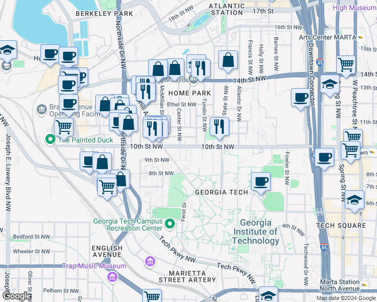 map of restaurants, bars, coffee shops, grocery stores, and more near 454 10th Street Northwest in Atlanta