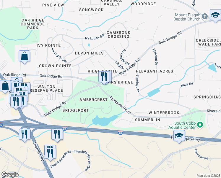 map of restaurants, bars, coffee shops, grocery stores, and more near 1151 Park Center Circle in Austell