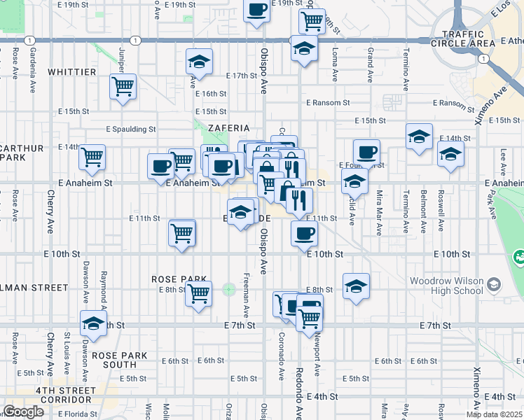 map of restaurants, bars, coffee shops, grocery stores, and more near 1121 Obispo Avenue in Long Beach