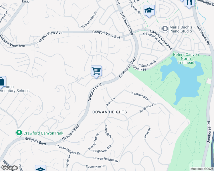 map of restaurants, bars, coffee shops, grocery stores, and more near 10081 Highcliff Drive in North Tustin