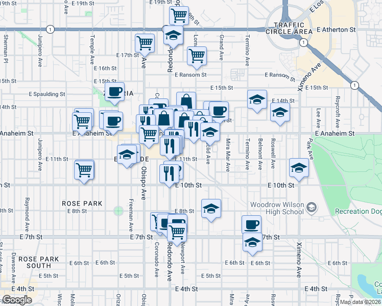 map of restaurants, bars, coffee shops, grocery stores, and more near 1137 Loma Avenue in Long Beach