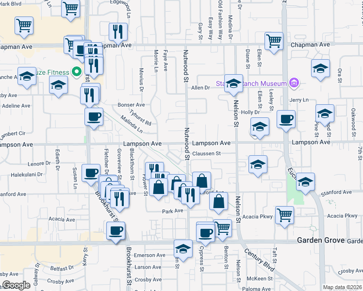 map of restaurants, bars, coffee shops, grocery stores, and more near 10442 Lampson Avenue in Garden Grove