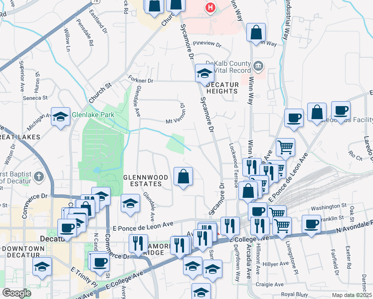 map of restaurants, bars, coffee shops, grocery stores, and more near 115 Fairview Street in Decatur