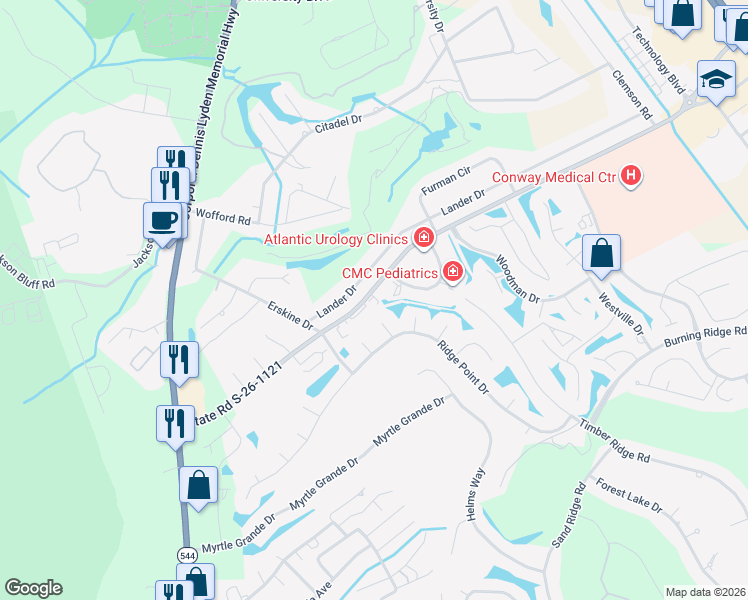 map of restaurants, bars, coffee shops, grocery stores, and more near 600 State Road S-26-1121 in Conway