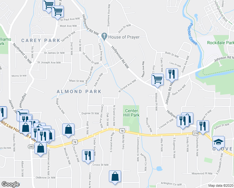 map of restaurants, bars, coffee shops, grocery stores, and more near 960 North Grand Avenue Northwest in Atlanta