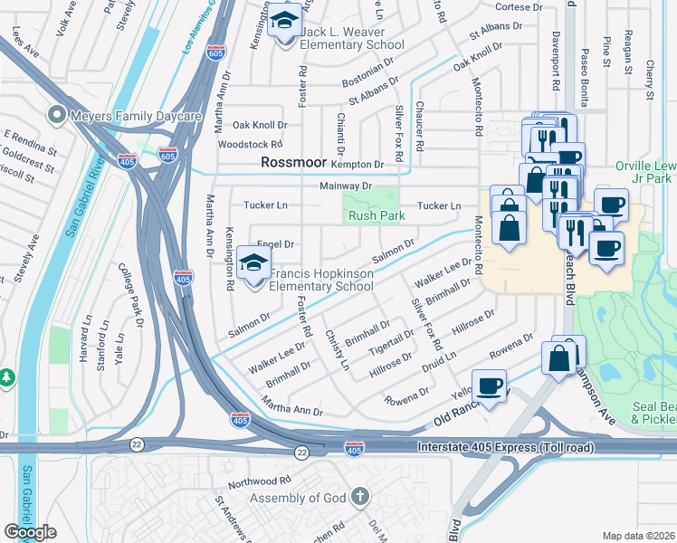 map of restaurants, bars, coffee shops, grocery stores, and more near 2931 Salmon Drive in Los Alamitos