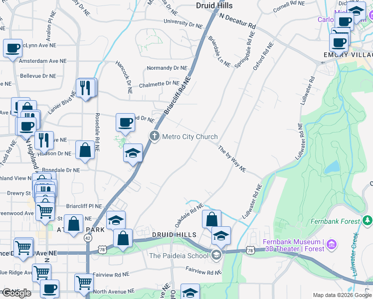 map of restaurants, bars, coffee shops, grocery stores, and more near 970 Springdale Road Northeast in Atlanta