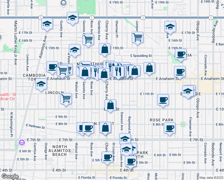 map of restaurants, bars, coffee shops, grocery stores, and more near 1119 Saint Louis Avenue in Long Beach