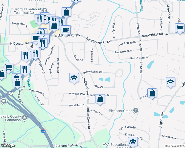 map of restaurants, bars, coffee shops, grocery stores, and more near 3987 Indian Lakes Circle in Stone Mountain