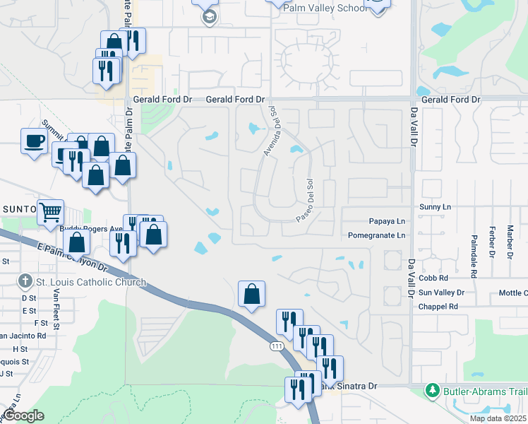 map of restaurants, bars, coffee shops, grocery stores, and more near 36716 Avenue Del Sol in Cathedral City