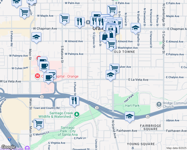 map of restaurants, bars, coffee shops, grocery stores, and more near 401 West La Veta Avenue in Orange