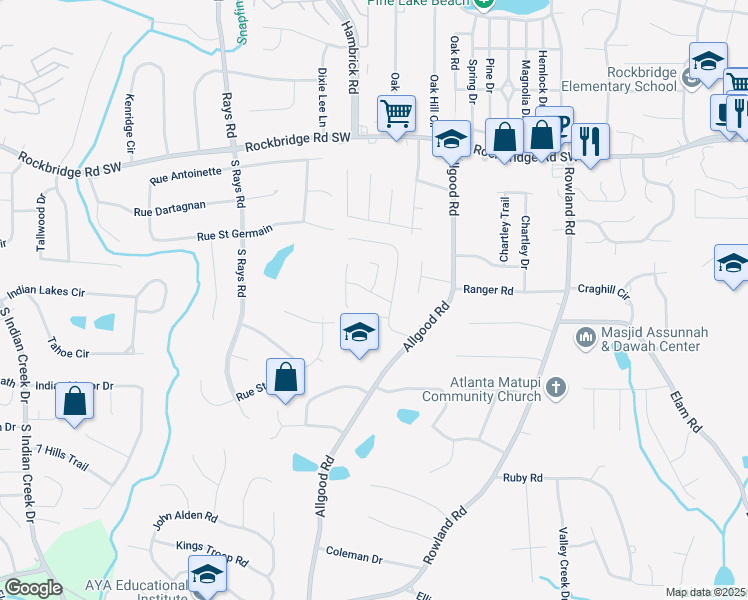 map of restaurants, bars, coffee shops, grocery stores, and more near 4333 Crestridge Lane in Stone Mountain