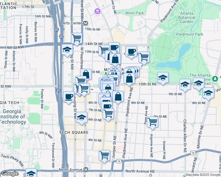 map of restaurants, bars, coffee shops, grocery stores, and more near 999 Peachtree Street Northeast in Atlanta