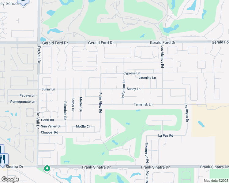 map of restaurants, bars, coffee shops, grocery stores, and more near 70605 Sunny Lane in Rancho Mirage