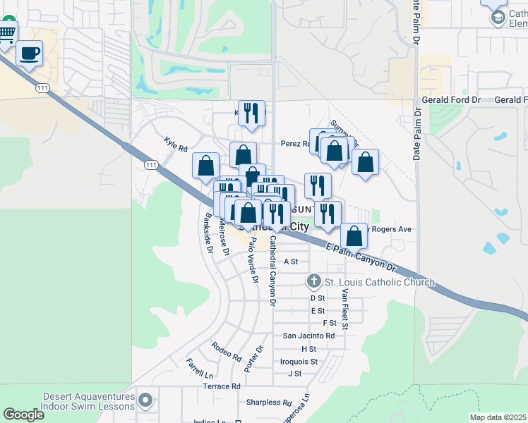 map of restaurants, bars, coffee shops, grocery stores, and more near 68469 Commercial Rd in Cathedral City