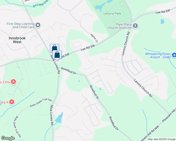 map of restaurants, bars, coffee shops, grocery stores, and more near 4707 Huff Park Court Southwest in Snellville