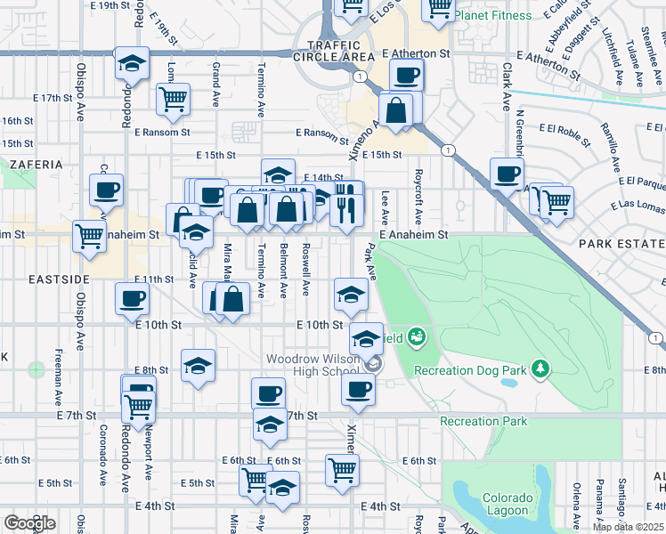 map of restaurants, bars, coffee shops, grocery stores, and more near 1136 Bennett Avenue in Long Beach