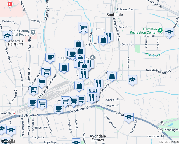 map of restaurants, bars, coffee shops, grocery stores, and more near 215 Laredo Drive in Decatur