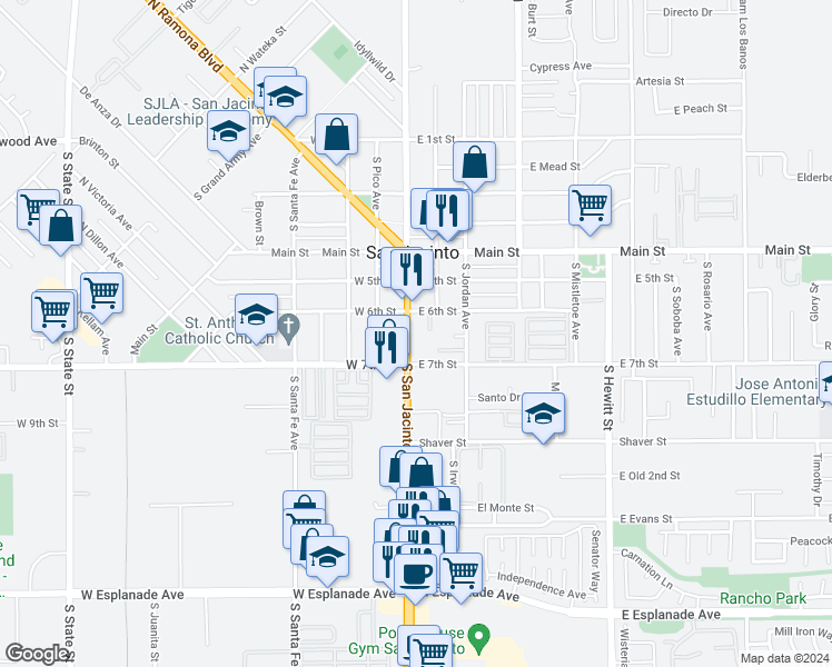 map of restaurants, bars, coffee shops, grocery stores, and more near 637 South San Jacinto Avenue in San Jacinto