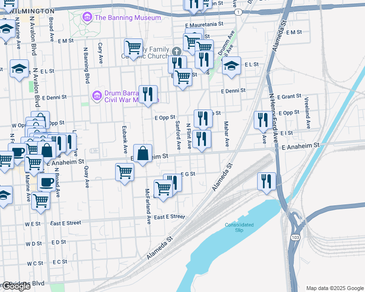 map of restaurants, bars, coffee shops, grocery stores, and more near 823 North Flint Avenue in Los Angeles