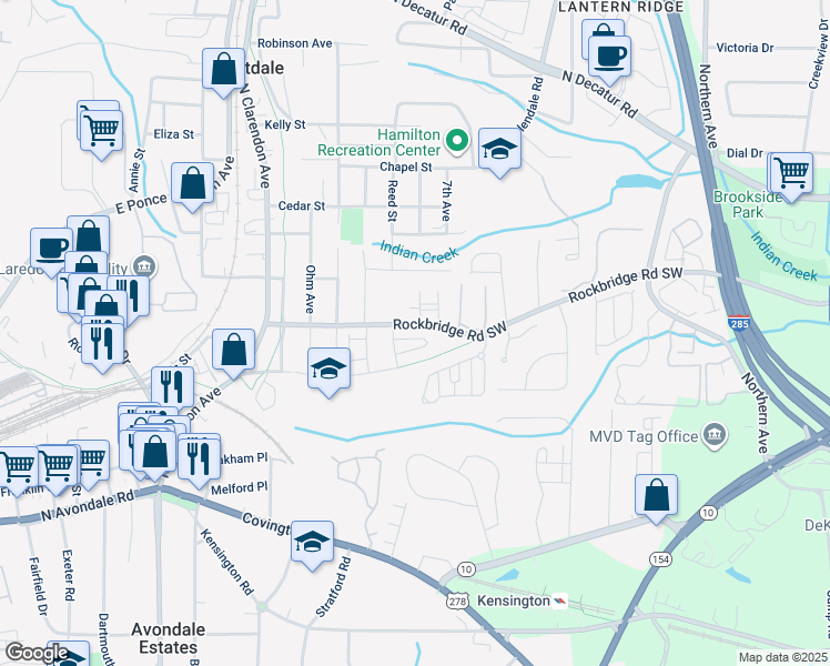 map of restaurants, bars, coffee shops, grocery stores, and more near 3216 Rockbridge Road Southwest in Avondale Estates