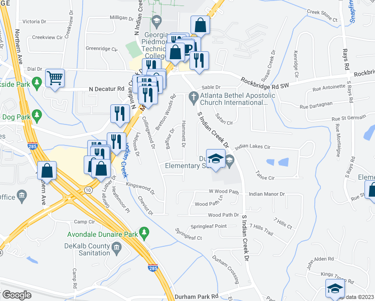map of restaurants, bars, coffee shops, grocery stores, and more near 546 Hammett Drive in Decatur