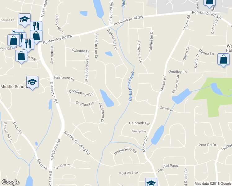 map of restaurants, bars, coffee shops, grocery stores, and more near 586 Fond Du Lac Drive in Stone Mountain