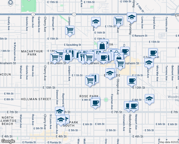 map of restaurants, bars, coffee shops, grocery stores, and more near in Long Beach