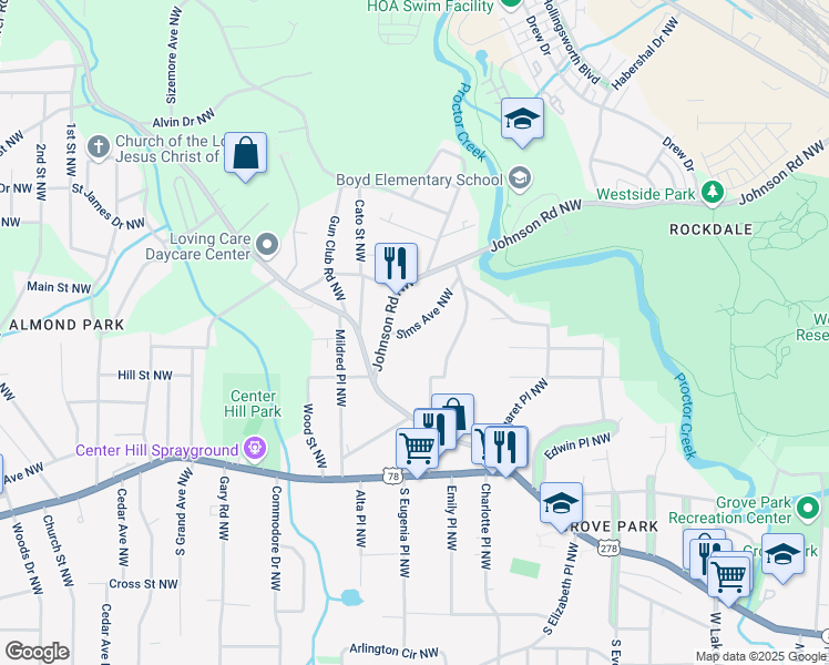 map of restaurants, bars, coffee shops, grocery stores, and more near 971 Sims Avenue Northwest in Atlanta