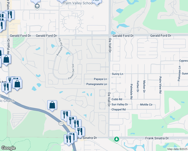 map of restaurants, bars, coffee shops, grocery stores, and more near 69859 Sunny Lane in Cathedral City