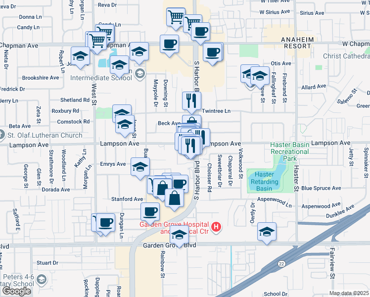 map of restaurants, bars, coffee shops, grocery stores, and more near 12432 Lampson Avenue in Garden Grove