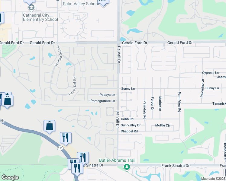 map of restaurants, bars, coffee shops, grocery stores, and more near 69971 Sunny Lane in Cathedral City