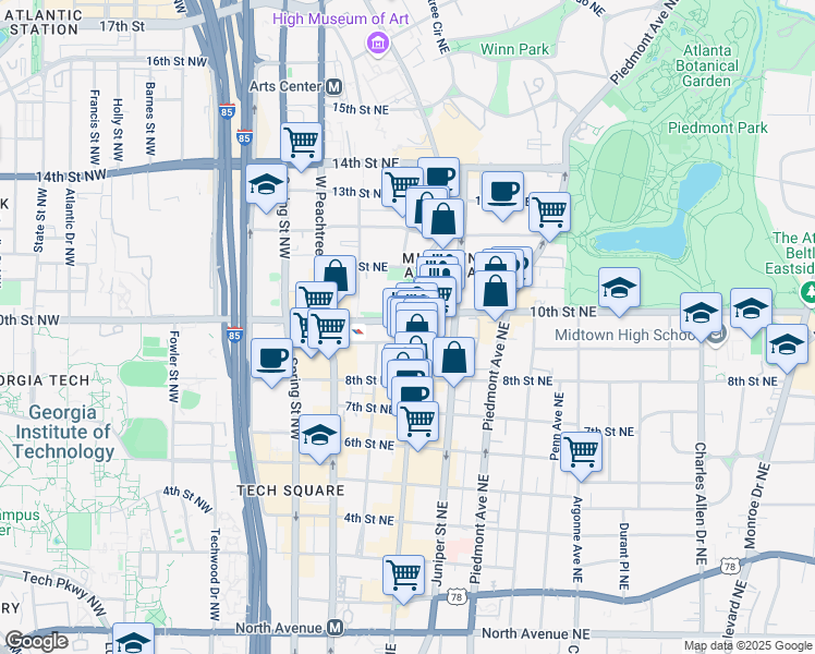map of restaurants, bars, coffee shops, grocery stores, and more near 979 Crescent Avenue Northeast in Atlanta