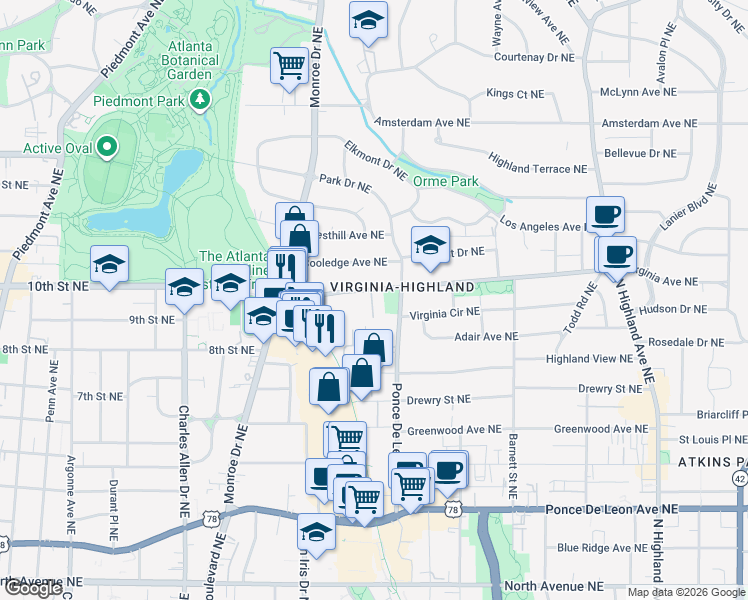 map of restaurants, bars, coffee shops, grocery stores, and more near 689 Virginia Avenue Northeast in Atlanta